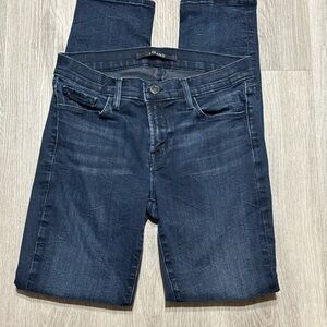 J Brand skinny leg jean mid rise deep indigo blacklash finished hem distress 27.